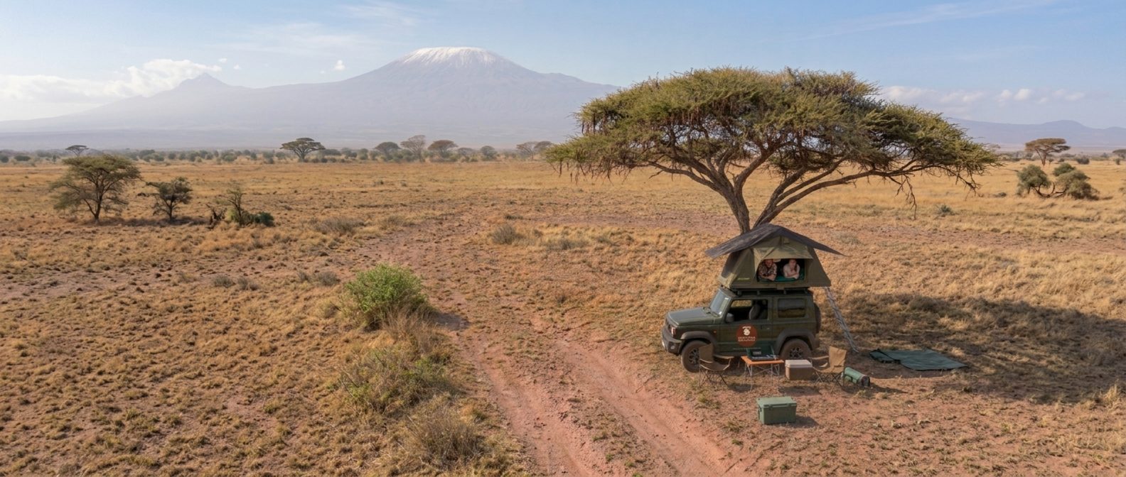A safari 4x4 on a scenic road in Kenya